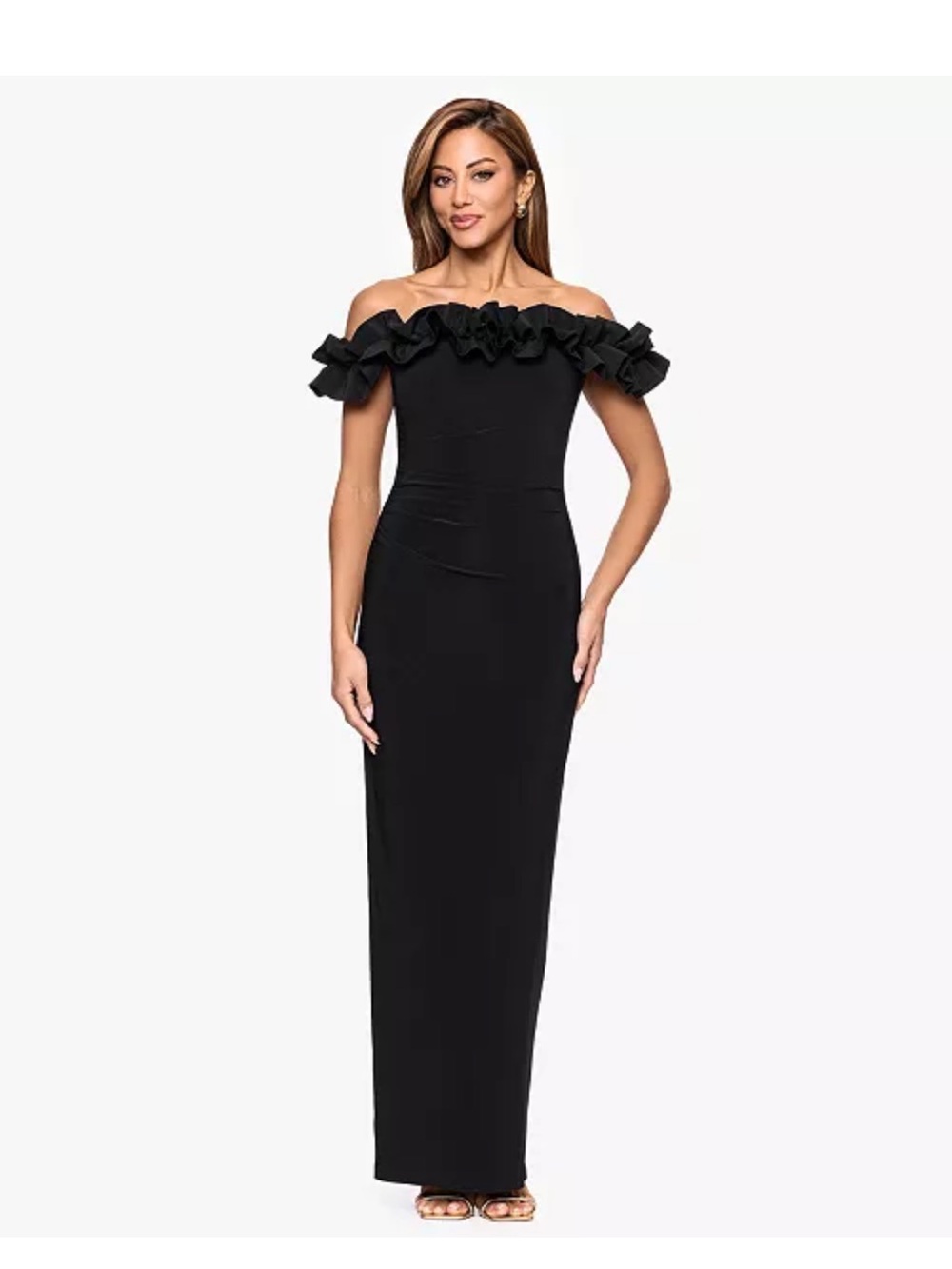 Xscape Black One-Shoulder Ruffle Evening Gownel